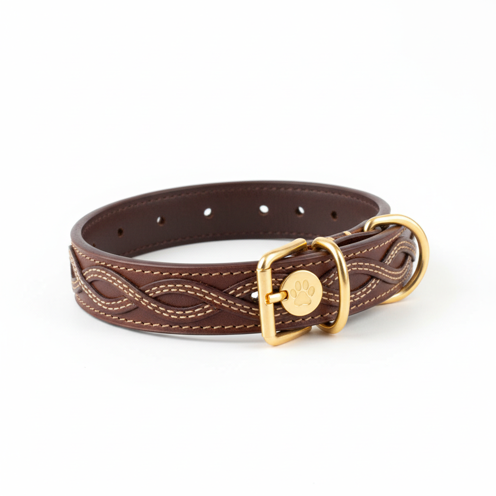 Luxury full-grain leather pet collar with gold hardware on white background